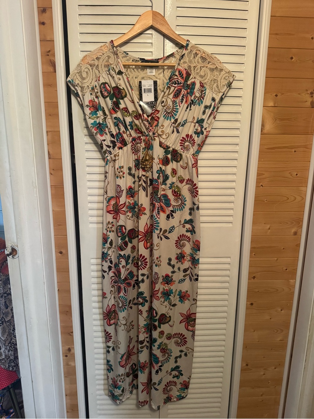 Beige Floral Lace-Trim Maxi Dress with Teal & Coral Accents- Maternity